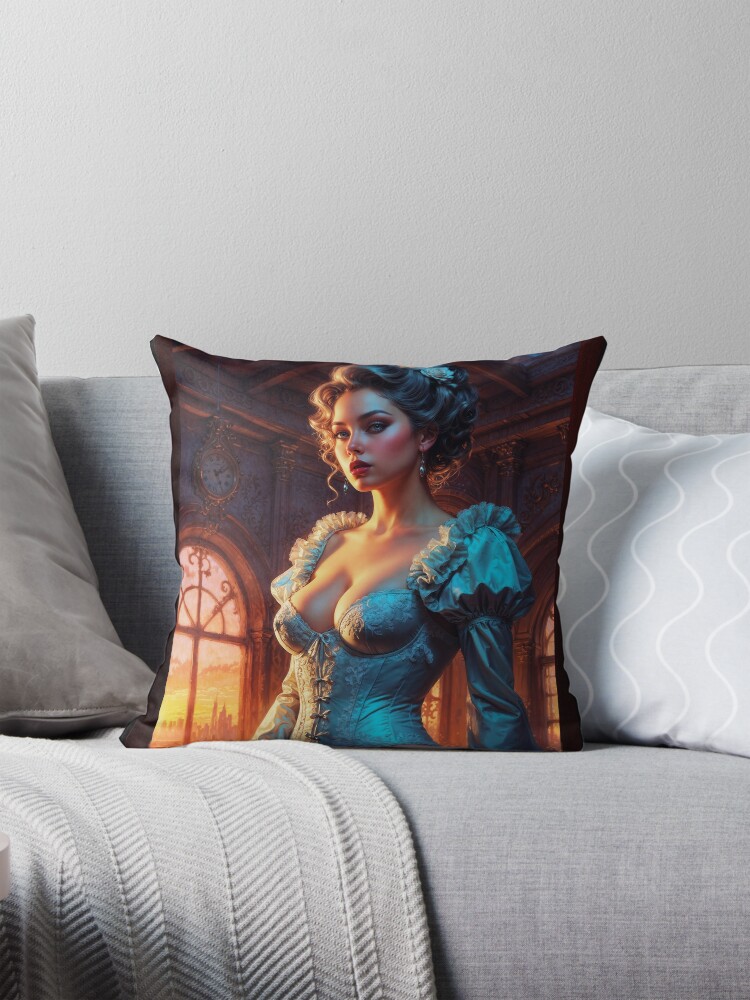 Stunning Elegant Woman In Vintage Corset At Sunset Captivating AI Concept Art by Xzendor7 Decorative Art Print Portrait Throw Pillow