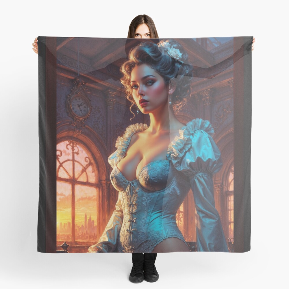 Stunning Elegant Woman In Vintage Corset At Sunset Captivating AI Concept Art by Xzendor7 Decorative Art Print Portrait Ladies Scarf