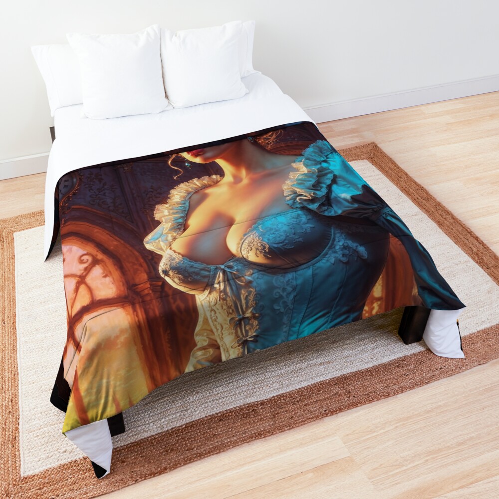 Stunning Elegant Woman In Vintage Corset At Sunset Captivating AI Concept Art by Xzendor7 Decorative Art Print Portrait Comforter