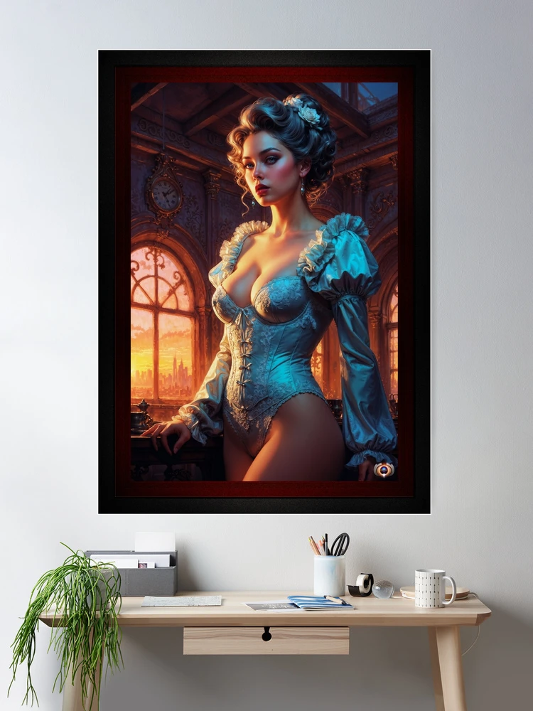 Stunning Elegant Woman In Vintage Corset At Sunset Captivating AI Concept Art by Xzendor7 Room Decor Poster Art Print Portrait 