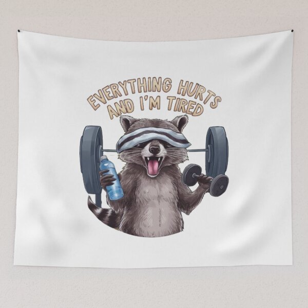 Item preview, Everything Hurts And I'm Tired Funny Raccoon Meme Gym Cover designed and sold by SztylishDesigns.