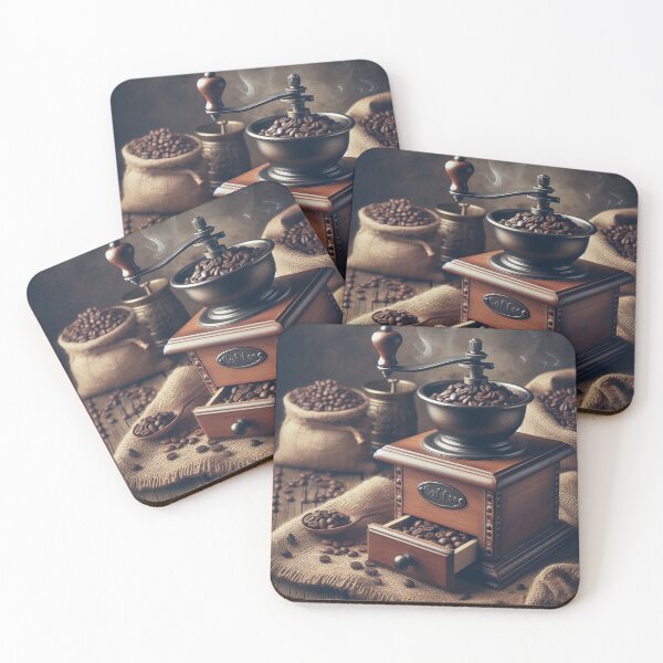 Item preview, A vintage coffee grinder overflowing with beans sits beside burlap sacks designed and sold by homydesign.