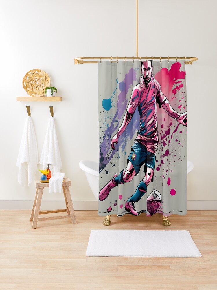 Thumbnail 1 of 5, Shower Curtain, Soccer Player Kicking The Ball designed and sold by Patricks-Art.