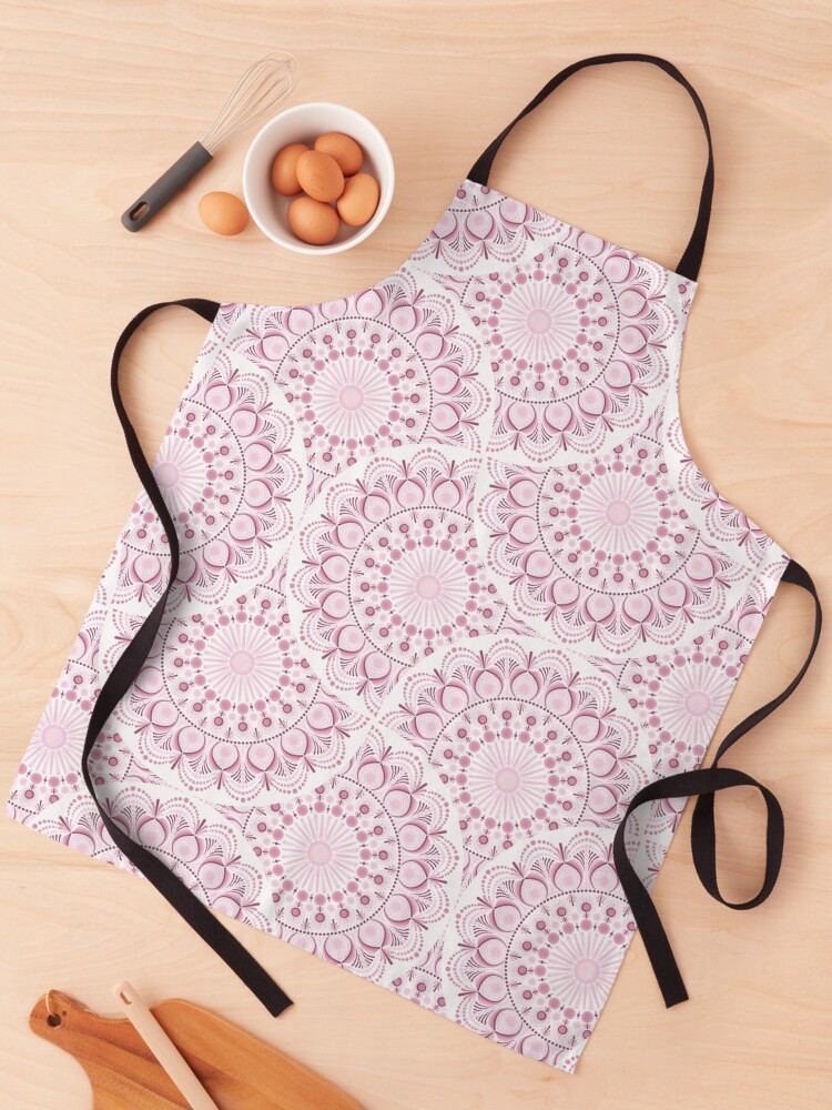 Apron, Dusky Rose Confetti Lace Dot Mandala Art Deco Fans designed and sold by Triplicate Limited