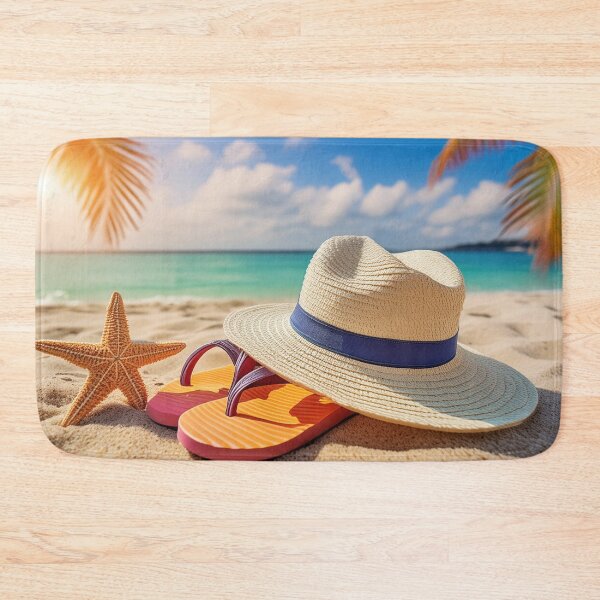 Item preview, A serene beach scene with a hat, starfish, and flip-flops under the sun designed and sold by homydesign.