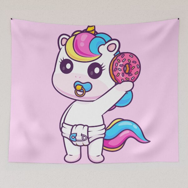 Item preview, Cute Baby Unicorn Holding Donut Cartoon Vector Icon - Adorable Animal and Food Illustration designed and sold by hjian8219.