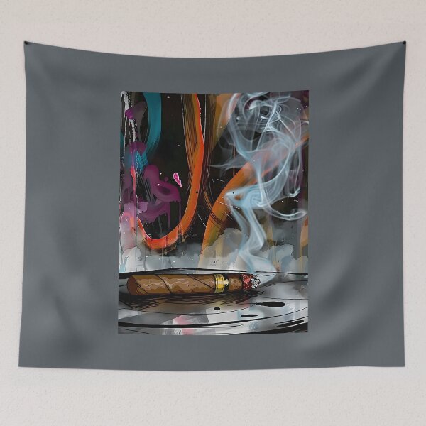 Item preview, AI-Generated Lit Cigar on Ashtray with Vibrant Abstract Smoke in Red, Orange, Blue, and Purple designed and sold by OlfactoART Studio.