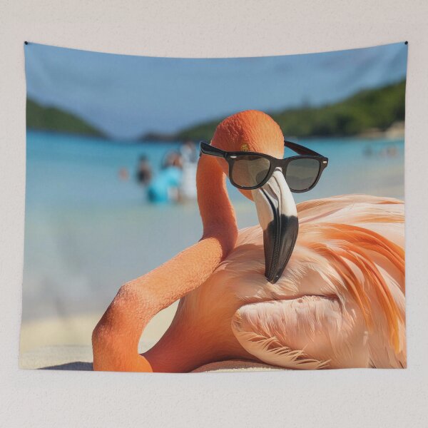 Item preview, Flamingo Wearing Sunglasses on Beach designed and sold by EnchantedWishes.