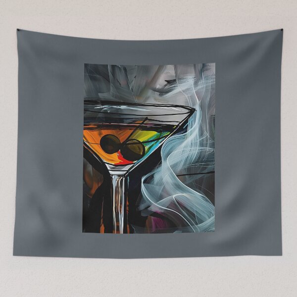 Item preview, Cocktail and Smoke: Colorful Martini Glass with Olives Against Smoky Abstract Background Generative AI designed and sold by OlfactoART Studio.