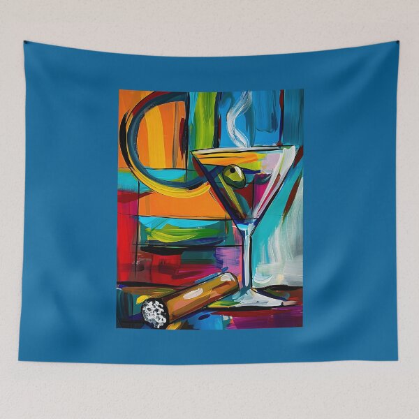 Item preview, Martini Glass with Olive and Smoking Cigar Against Bold Geometric Abstract Colorful Shapes - AI Generated Art designed and sold by OlfactoART Studio.