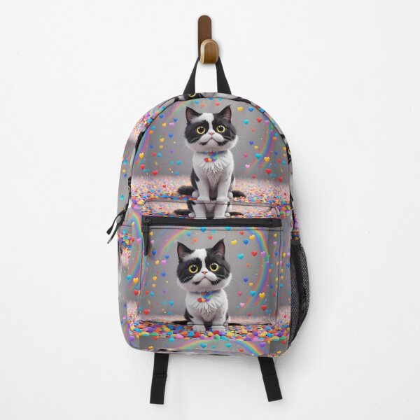 Item preview, Cute Black and White Cat with Rainbow Hearts Background designed and sold by Giftables.