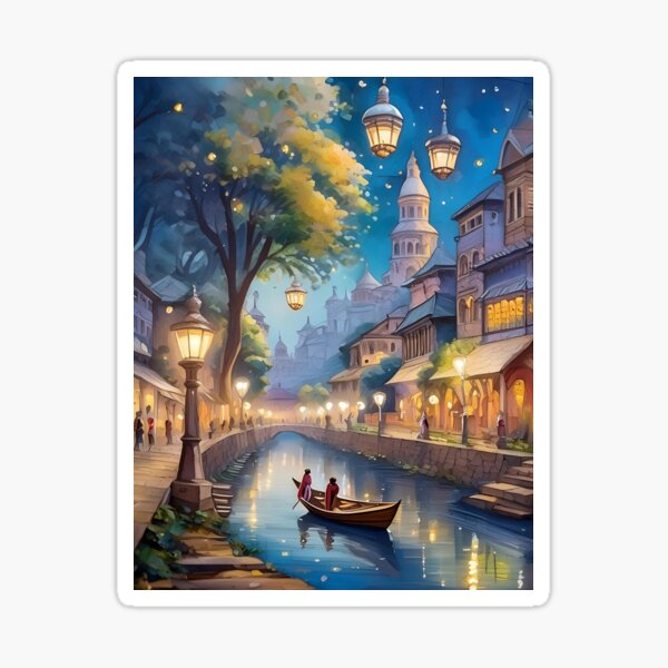 Item preview, A pretty canal crosses a city with active lights designed and sold by fotofeast.
