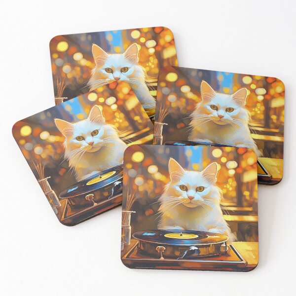 Item preview, White cat in a cafe listening to record player designed and sold by fotofeast.