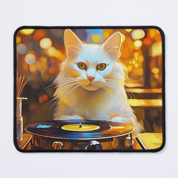 Item preview, White cat in a cafe listening to record player designed and sold by fotofeast.