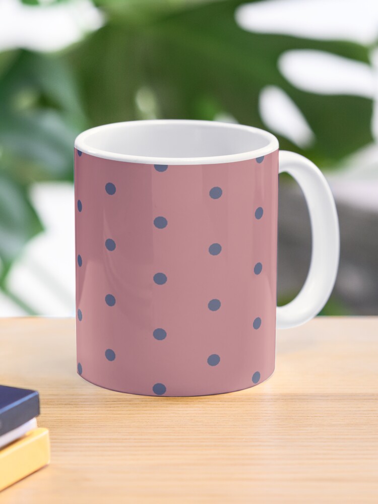 Coffee Mug, Geometric Royal Circle Gray Blue Polka Dots On Brandied Apricot designed and sold by Triplicate Limited