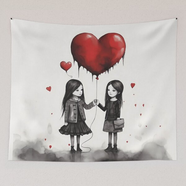 Item preview, Goth Girls in Love Holding Heart Balloon - Romantic Gothic Art designed and sold by Travelslightly.