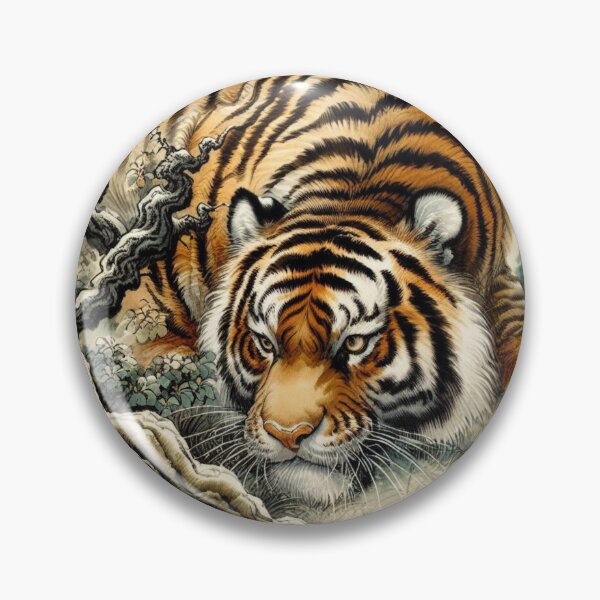 Item preview,  A majestic tiger, rendered in meticulous detail, rests amidst a lush landscape of twisting branches and delicate foliage designed and sold by Hatomomox.