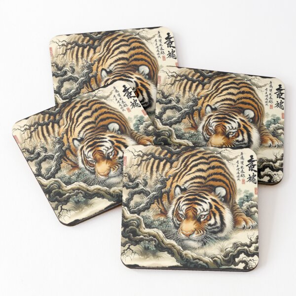 Item preview,  A majestic tiger, rendered in meticulous detail, rests amidst a lush landscape of twisting branches and delicate foliage designed and sold by Hatomomox.