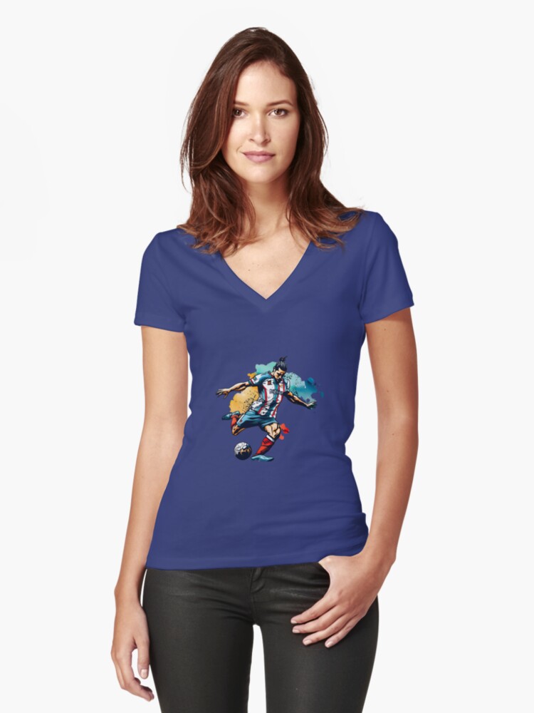 Thumbnail 1 of 3, Fitted V-Neck T-Shirt, Soccer Player Kicking The Ball designed and sold by Patricks-Art.