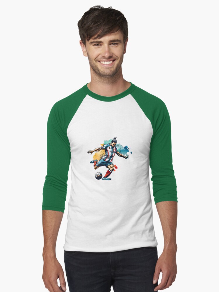 Thumbnail 1 of 3, Baseball ¾ Sleeve T-Shirt, Soccer Player Kicking The Ball designed and sold by Patricks-Art.