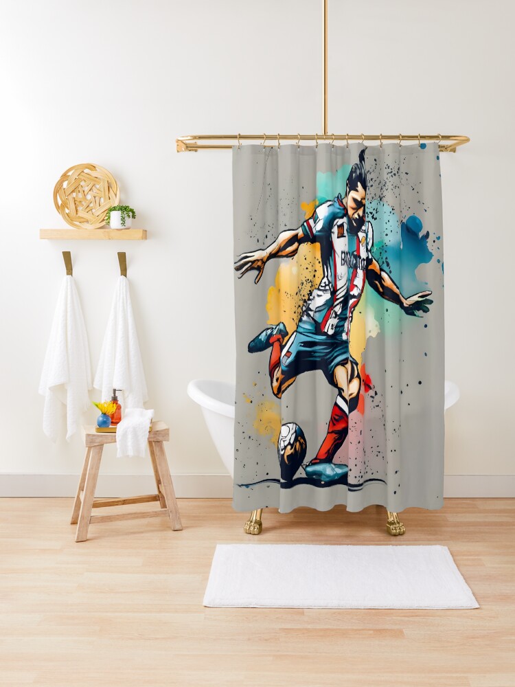 Thumbnail 1 of 5, Shower Curtain, Soccer Player Kicking The Ball designed and sold by Patricks-Art.