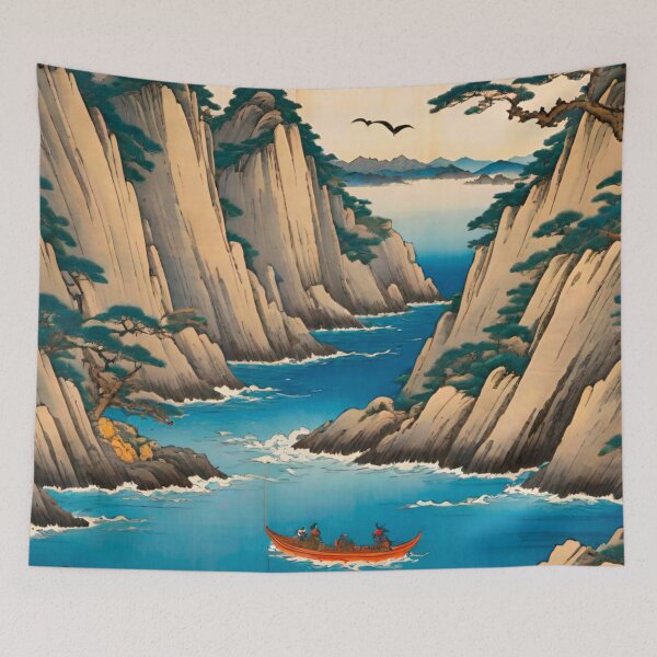 Item preview, Serene Japanese Sea with Mountains and Boat designed and sold by GrizzlyCollective.