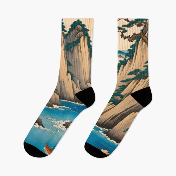 Item preview, Serene Japanese Sea with Mountains and Boat designed and sold by GrizzlyCollective.
