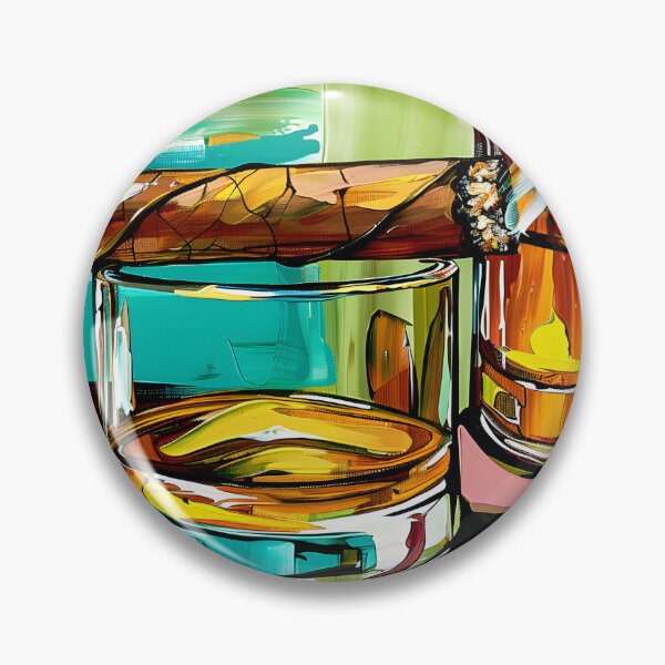 Artikelvorschau, Whiskyglas mit schwelender Zigarre auf reflektierender Oberfläche – Abstrakte generative KI entworfen und verkauft von OlfactoART Studio.