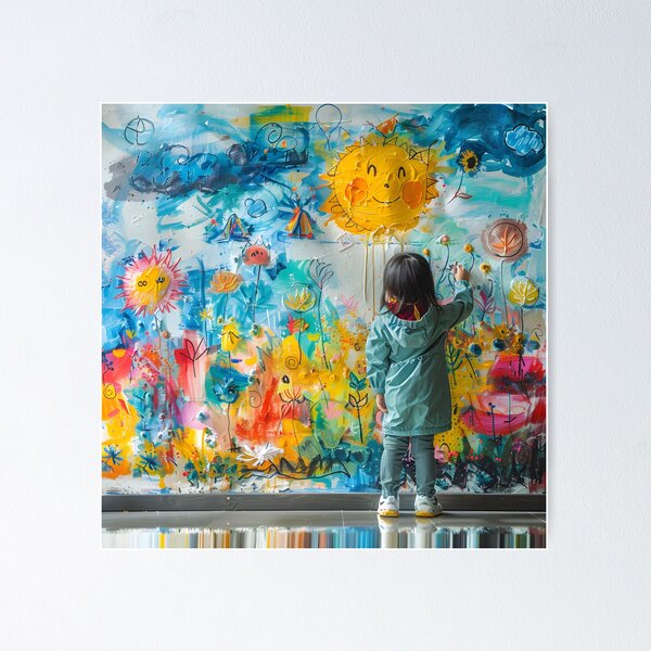 Item preview, Child Drawing on a Wall Surrounded by Vibrant Imagination designed and sold by ManeeStore.
