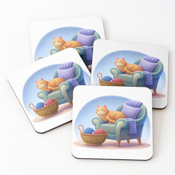 Item preview, Home comfort, a red cat sleeps on an armchair, next to a basket with knitting designed and sold by ElenDiArt.
