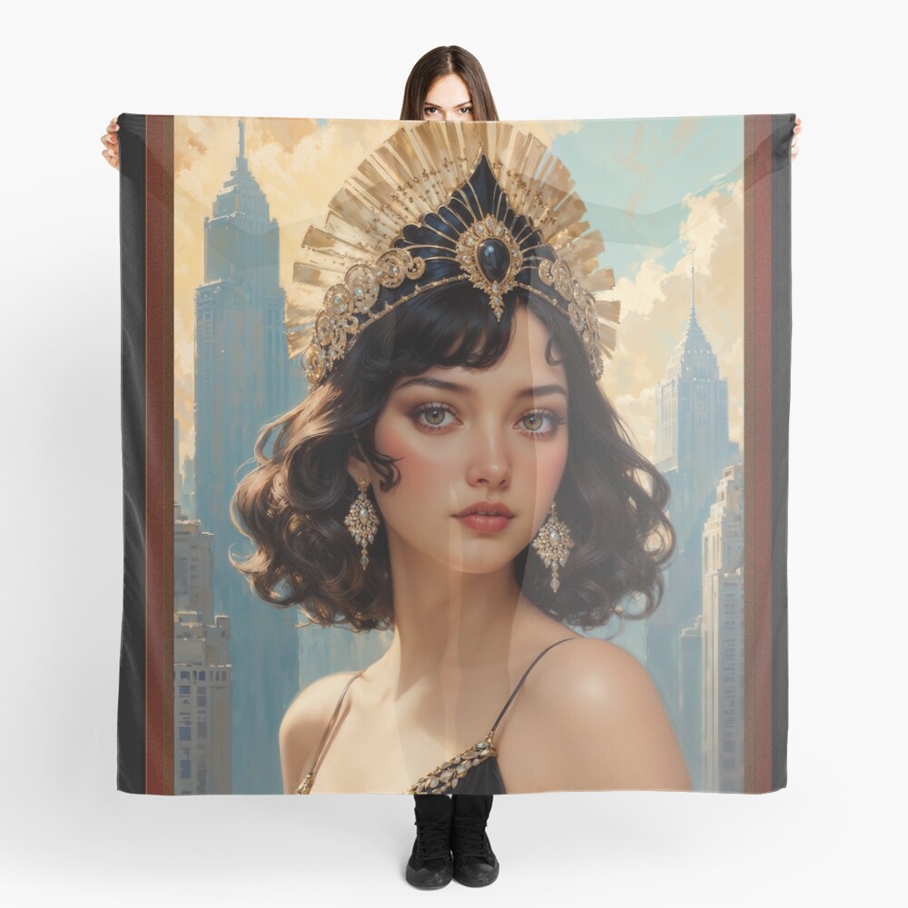 Art Deco Enchantment Of A Stunning Woman in Gilded Headdress Beautiful AI Concept Art by Xzendor7 Decorative Portrait Art Print Ladies Scarf
