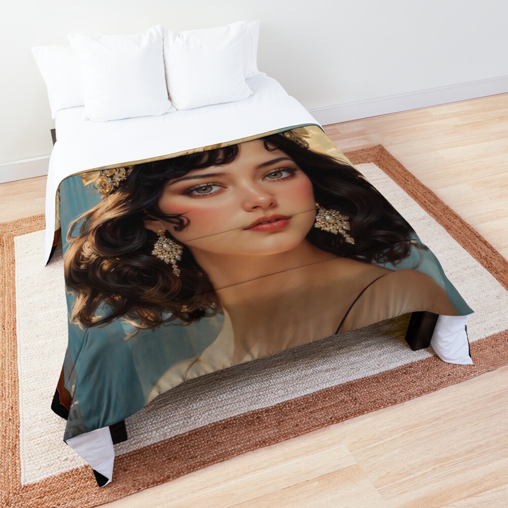 Art Deco Enchantment Of A Stunning Woman in Gilded Headdress Beautiful AI Concept Art by Xzendor7 Decorative Portrait Art Print Comforter