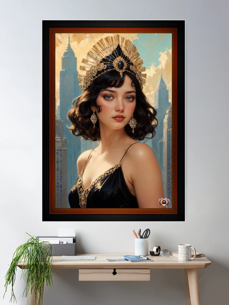 Art Deco Enchantment Of A Stunning Woman in Gilded Headdress Beautiful AI Concept Art by Xzendor7 Wall Decor Portrait Poster Art Print 
