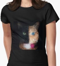 Polygonal head of a cat with two faces and one green and one blue eye, geometric animal face,triangular kitten graphic isolated on black background. Women's Fitted T-Shirt