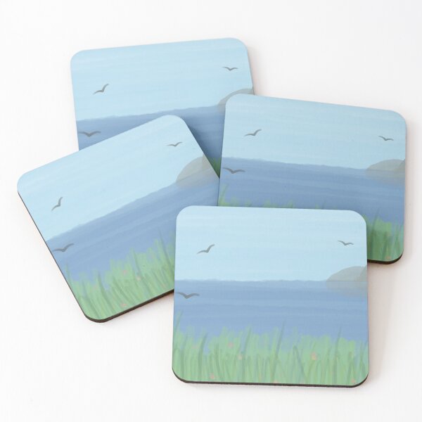 Item preview, Illustration of a sea coast scenery with mountains, birds and grass with flowers. designed and sold by avechir.