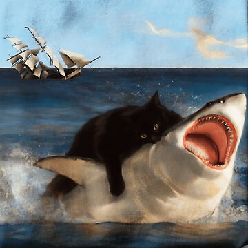 Artwork thumbnail, Black Kitty Attacking Great White Shark Nom Nom by WigOutlet