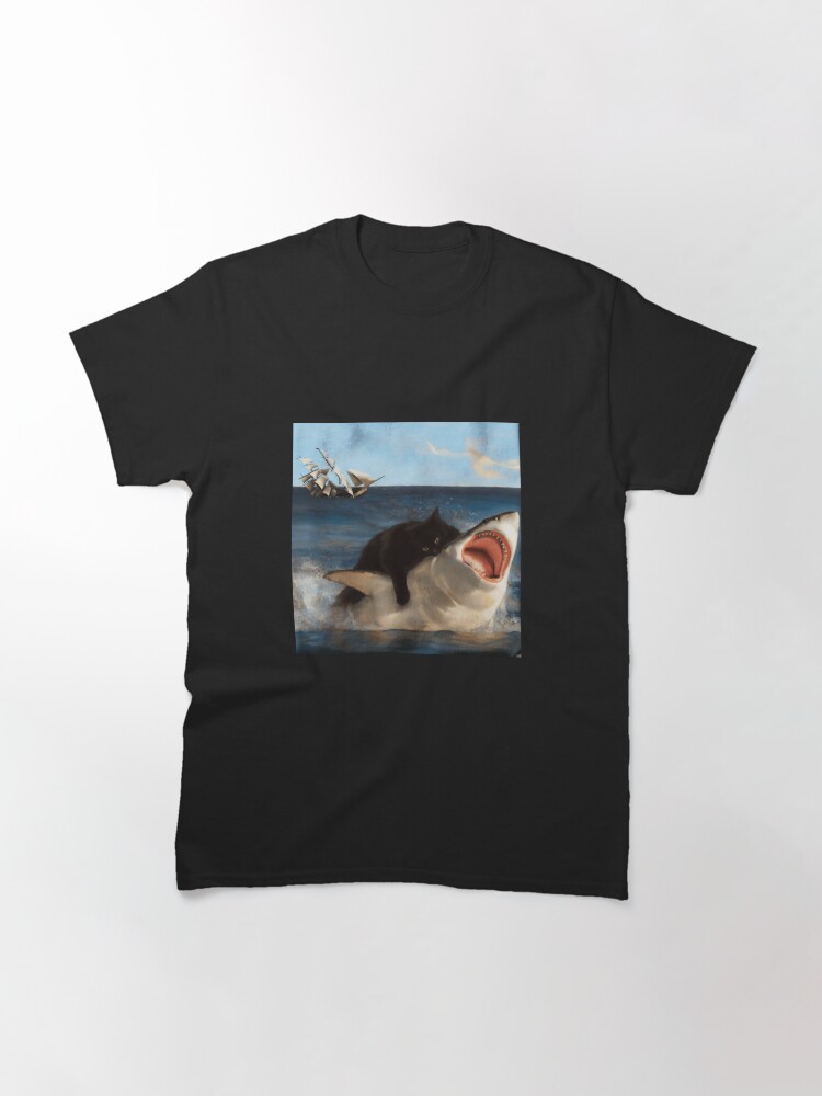 Thumbnail 3 of 7, Classic T-Shirt, Black Kitty Attacking Great White Shark Nom Nom designed and sold by WigOutlet.