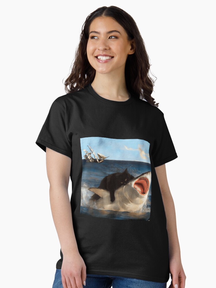 Thumbnail 1 of 7, Classic T-Shirt, Black Kitty Attacking Great White Shark Nom Nom designed and sold by WigOutlet.