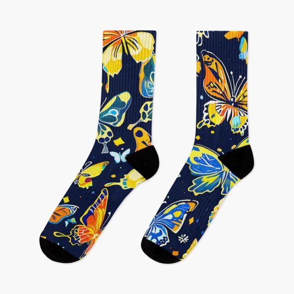 Item preview, Butterflies series printed fabric, multi colors, navy blue background designed and sold by janjacbu.