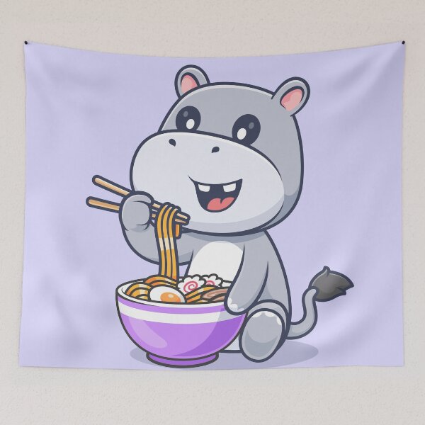 Item preview, Cute Hippo Eating Ramen Noodles with Chopsticks Cartoon Vector Icon - Adorable Animal and Food Illustration designed and sold by hjian8219.