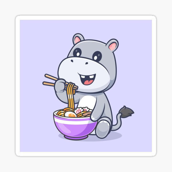 Aperçu de l'œuvre Hippo mignon mangeant des nouilles Ramen avec des baguettes Icône vectorielle de dessin animé - Illustration adorable d'animaux et de nourriture créée et vendue par hjian8219.