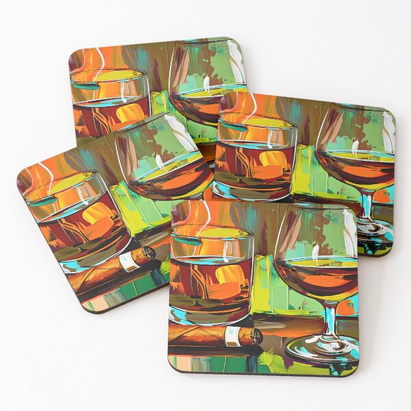 Item preview, Whisky Glass, Brandy Glass, and Cigar Against Vibrant Abstract Background - AI Generated Art designed and sold by OlfactoART Studio.