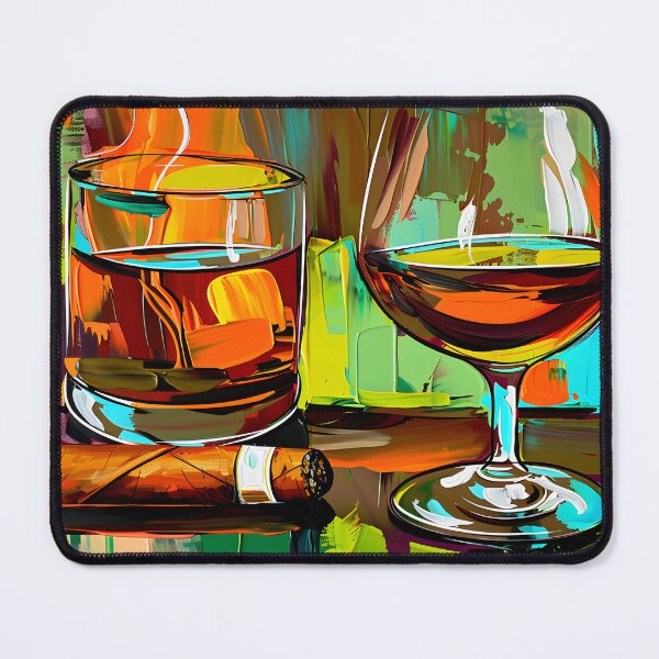 Item preview, Whisky Glass, Brandy Glass, and Cigar Against Vibrant Abstract Background - AI Generated Art designed and sold by OlfactoART Studio.