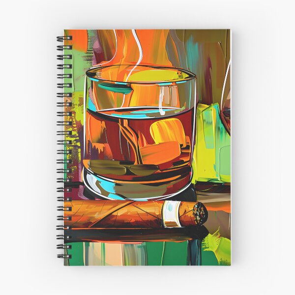 Artikelvorschau, Whiskyglas, Brandyglas und Zigarre vor lebendigem abstraktem Hintergrund – KI-generierte Kunst entworfen und verkauft von OlfactoART Studio.