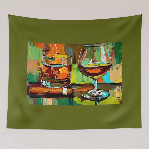 Item preview, Whisky Glass, Brandy Glass, and Cigar Against Vibrant Abstract Background - AI Generated Art designed and sold by OlfactoART Studio.