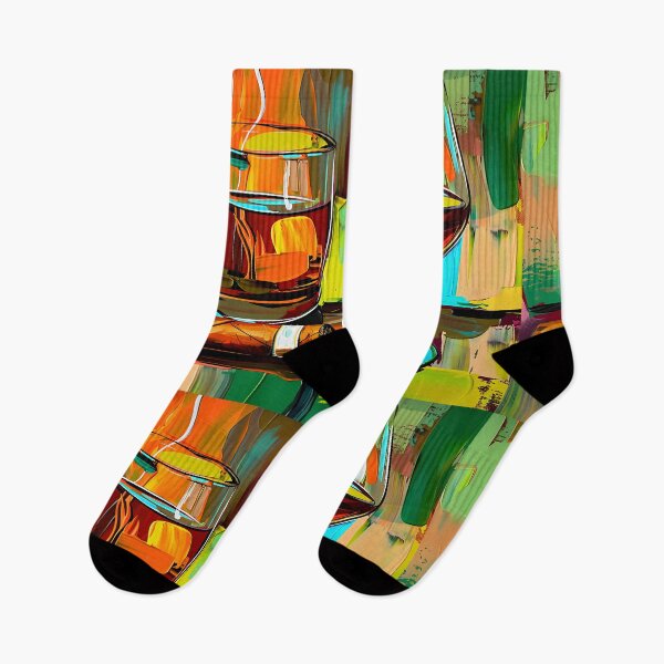 Item preview, Whisky Glass, Brandy Glass, and Cigar Against Vibrant Abstract Background - AI Generated Art designed and sold by OlfactoART Studio.