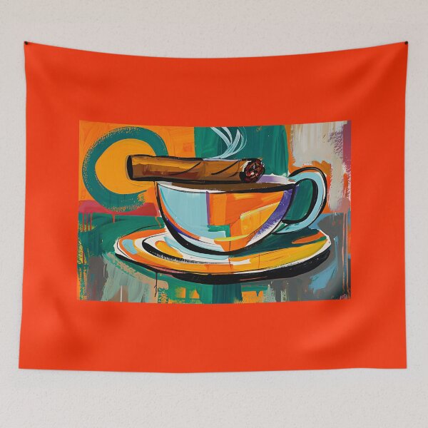 Item preview, Dynamic Harmony - Steaming Cup with Multicolored Patterns and Cigar - AI Generated Art designed and sold by OlfactoART Studio.