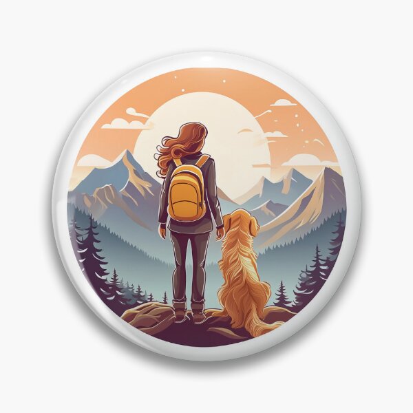 Item preview, circular rear view of woman wearing back pack and golden retriever looking at mountain view designed and sold by planetgolden.