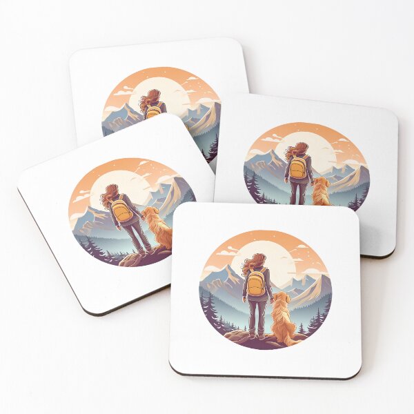 Item preview, circular rear view of woman wearing back pack and golden retriever looking at mountain view designed and sold by planetgolden.