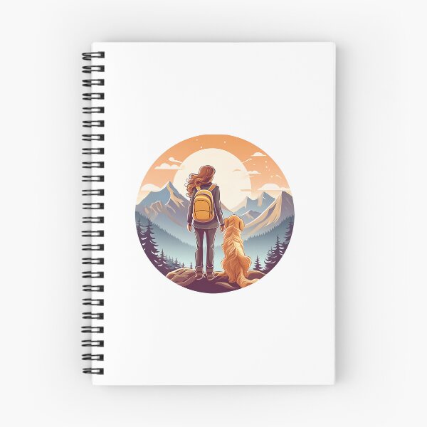 Item preview, circular rear view of woman wearing back pack and golden retriever looking at mountain view designed and sold by planetgolden.